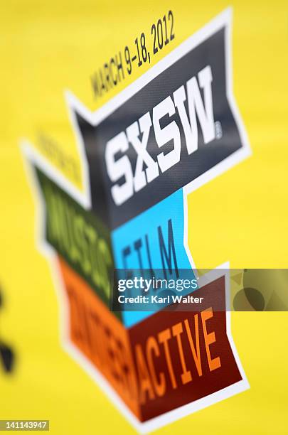 Signage is displayed at the "The Hunter Red" Carpet Arrivals during the 2012 SXSW Music, Film + Interactive Festival at Paramount Theatre on March...