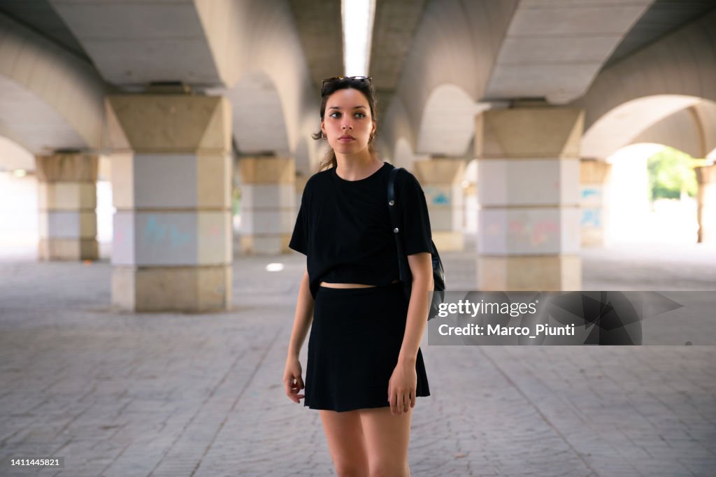 Young woman wearing black t-shirt
