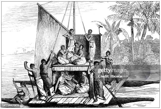 ilustrações, clipart, desenhos animados e ícones de ilustração antiga, ethnografia e culturas indígenas: barco, tonga - polynesia