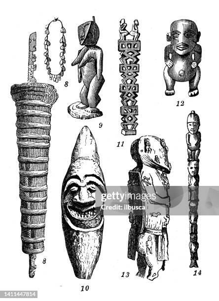 antique illustration, ethnography and indigenous cultures: idols, polynesia, tahiti, tonga, fiji - indigenous fijian stock illustrations
