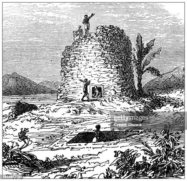 antique illustration, ethnography and indigenous cultures: stone house, polynesia - polynesia stock illustrations