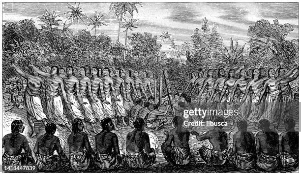 antique illustration, ethnography and indigenous cultures: tribal dance, tonga - tribal dancing stock illustrations