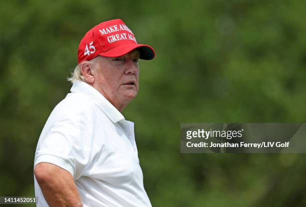 Former U.S. President Donald Trump looks on from the seventh tee during the pro-am prior to the LIV Golf Invitational - Bedminster at Trump National...