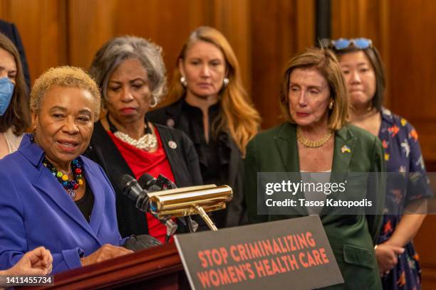 Rep. Barbara Lee speaks as House Democratic lawmakers hold a press conference to oppose restrictive abortion laws and support women's health care at...