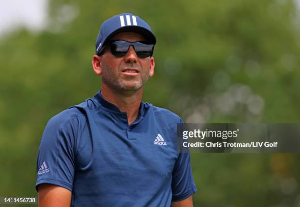 Team Captain Sergio Garcia of Fireballs GC looks on from the fourth hole during the pro-am prior to the LIV Golf Invitational - Bedminster at Trump...