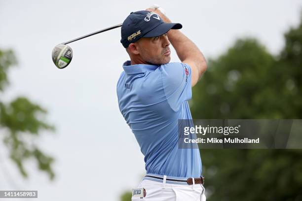 Jonathan Byrd of the United States plays his shot from the 16th tee during the first round of the Rocket Mortgage Classic at Detroit Golf Club on...
