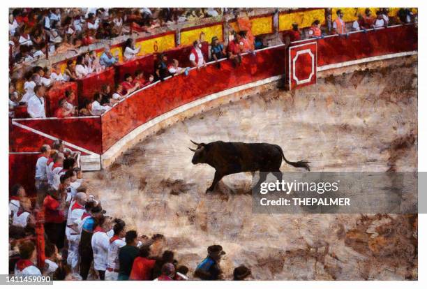 bull running in navarra, spain - digital manipulation - bullfighter 幅插畫檔、美工圖案、卡通及圖標