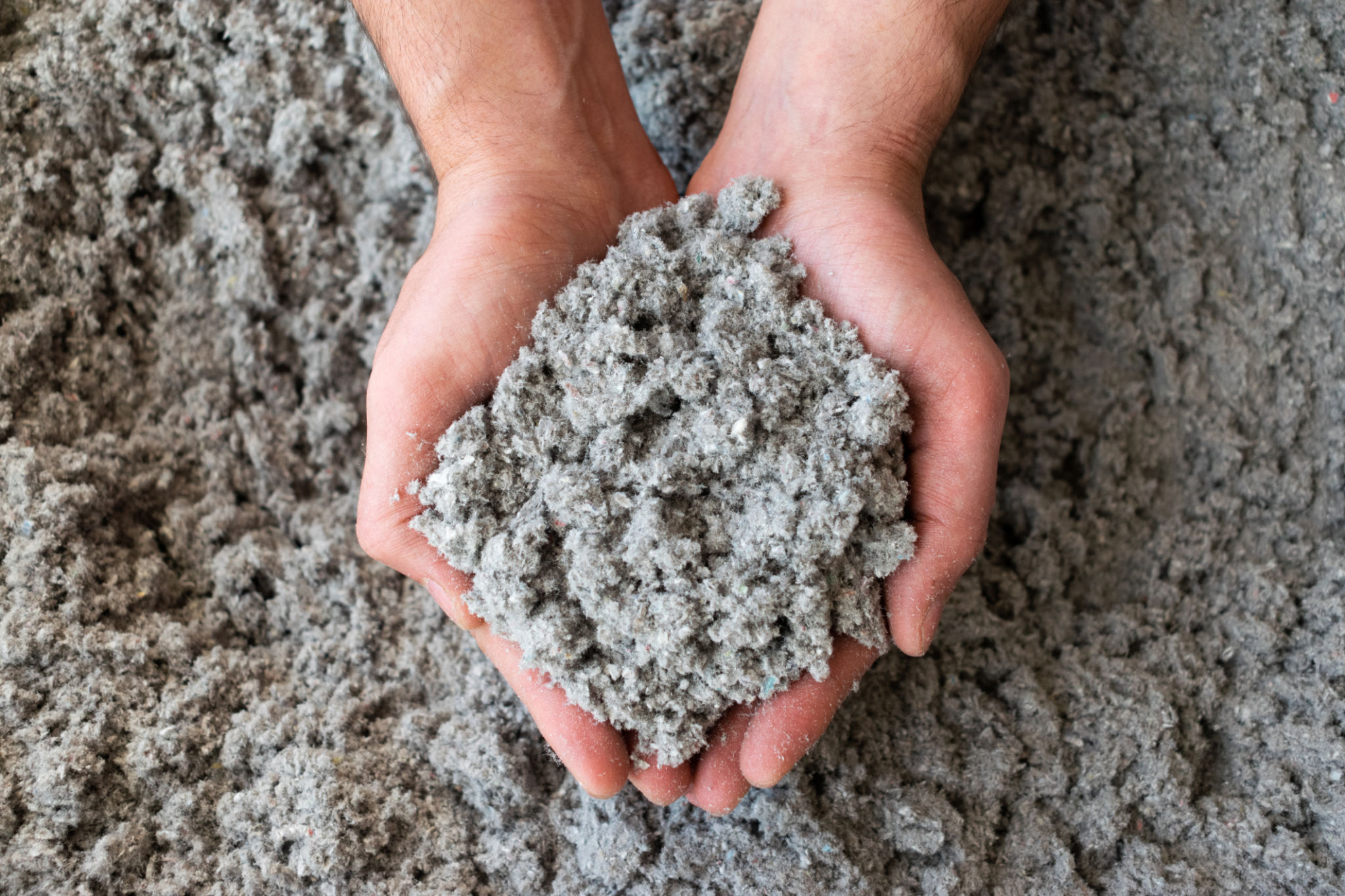 Close shot of eco friendly cellulose insulation filling held in hand Close shot of eco friendly cellulose insulation filling held in hand