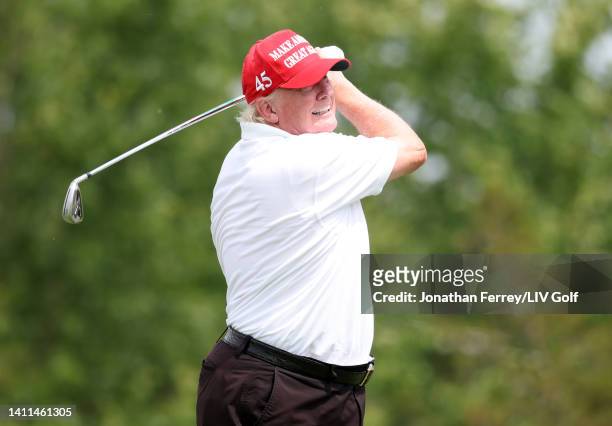 Former U.S. President Donald Trump plays a shot during the pro-am prior to the LIV Golf Invitational - Bedminster at Trump National Golf Club...