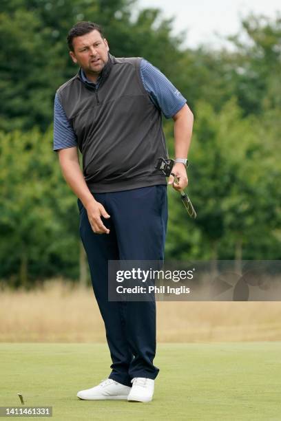 Former Cricketer Steve Harmison in action prior to The JCB Championship at JCB Golf & Country Club on July 28, 2022 in Uttoxeter, England.