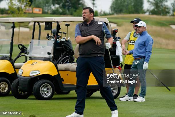 Former cricketer Steve Harmison in action prior to The JCB Championship at JCB Golf & Country Club on July 28, 2022 in Uttoxeter, England.