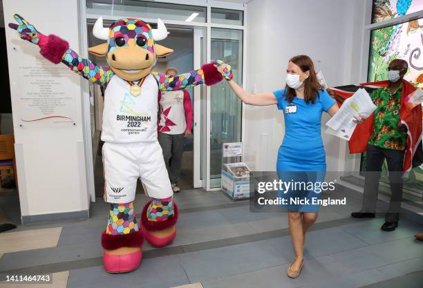 Perry, the official Birmingham 2022 mascot and Sarah Jane Marsh, CEO of Birmingham Children’s Hospital during the Birmingham 2022 Queen's Baton Relay...