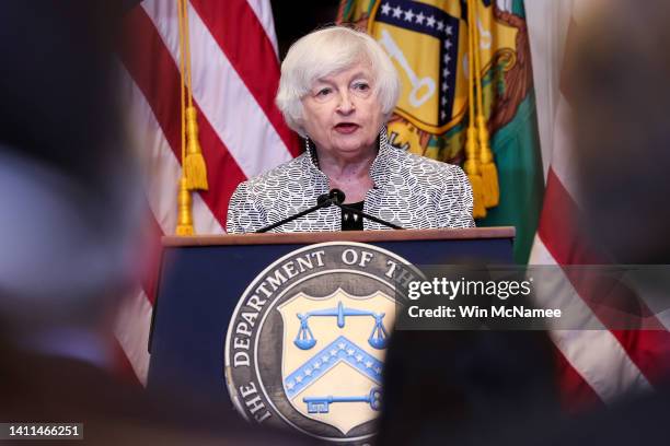 Treasury Secretary Janet Yellen delivers remarks during a press conference at the Treasury Department on July 28, 2022 in Washington, DC. Secretary...