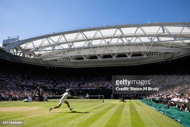 Novak Djokovic of Serbia in action during the Men's Singles Semi Final against Cameron Norrie of United Kingdom at The Wimbledon Lawn Tennis...