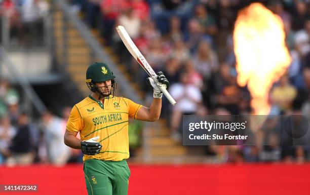 South Africa batsman Rilee Rossouw reaches his 50 during the 2nd Vitality IT20 match between England and South Africa at Sophia Gardens on July 28,...