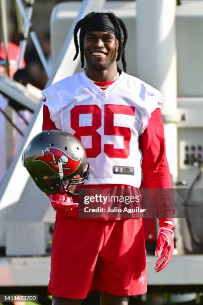 Julio Jones of the Tampa Bay Buccaneers looks on during the 2022 Buccaneers Training Camp at AdventHealth Training Center on July 28, 2022 in Tampa,...