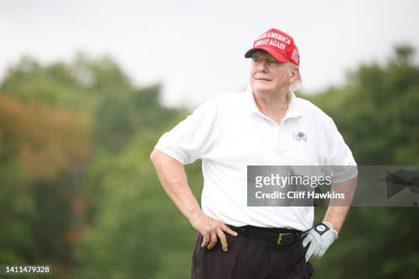 Former U.S. President Donald Trump looks on during the pro-am prior to the LIV Golf Invitational - Bedminster at Trump National Golf Club Bedminster...