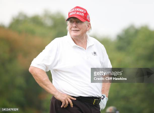 Former U.S. President Donald Trump looks on during the pro-am prior to the LIV Golf Invitational - Bedminster at Trump National Golf Club Bedminster...