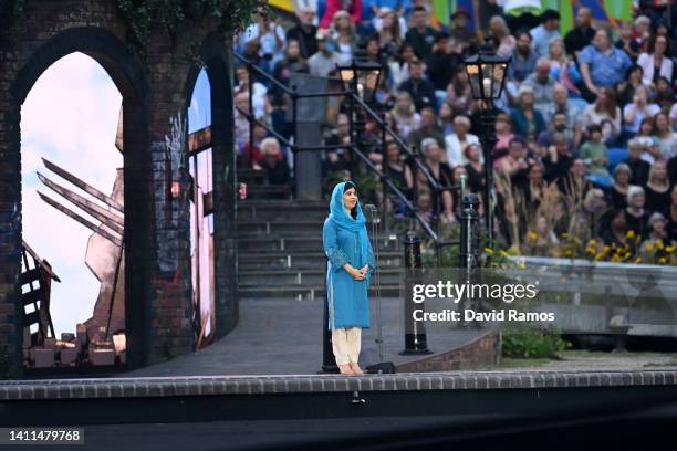 Malala Yousafzai makes a speech during the Opening Ceremony of the Birmingham 2022 Commonwealth Games at Alexander Stadium on July 28, 2022 on the...