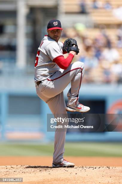 Patrick Corbin of the Washington Nationals pitches against the Los Angeles Dodgers during the first inning at Dodger Stadium on July 27, 2022 in Los...