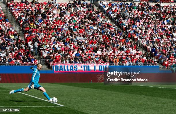 Kevin Hartman of the FC Dallas kicks the ball back into play during the second half of a soccer game against the New York Red Bulls at FC Dallas...