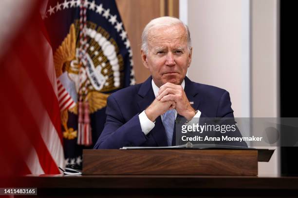 President Joe Biden gives remarks during a meeting on the U.S. Economy with CEOs and members of his Cabinet in the South Court Auditorium of the...