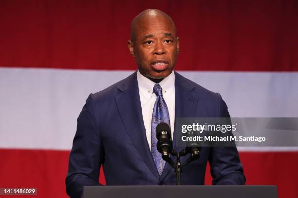 Mayor Eric Adams speaks at the Billie Holiday Theatre in Restoration Plaza on July 28, 2022 in the Bedford-Stuyvesant neighborhood of Brooklyn...