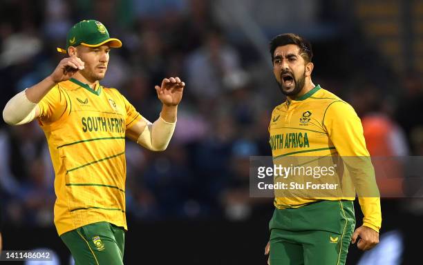 South Africa bowler Tabraiz Shamsi celebrates after taking the wicket of Sam Curran during the 2nd Vitality IT20 match between England and South...