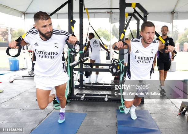 Eden Hazard and Karim Benzema players of Real Madrid train at UCLA Campus on July 28, 2022 in Los Angeles, California.