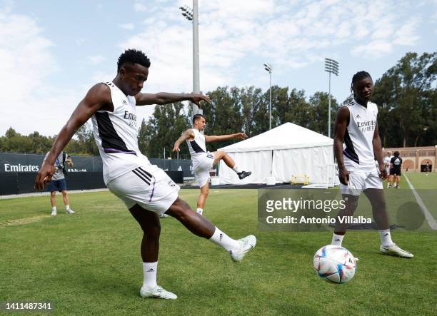 Vinicius Junior player of Real Madrid trains with teammates at UCLA Campus on July 28, 2022 in Los Angeles, California.