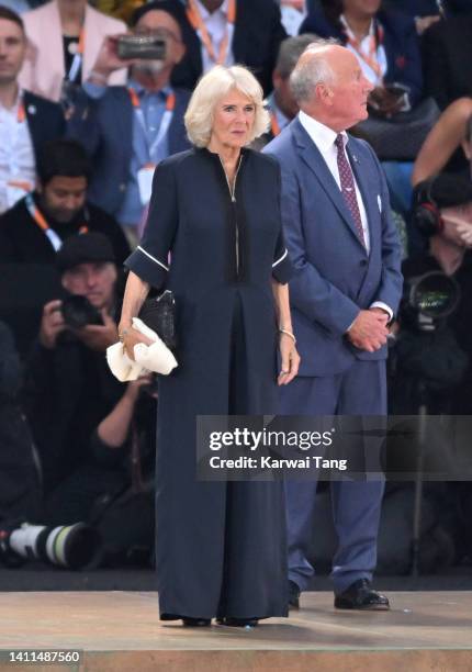 Camilla, Duchess of Cornwall attends the 2022 Commonwealth Games opening ceremony at Alexander Stadium on July 28, 2022 in Birmingham, England.