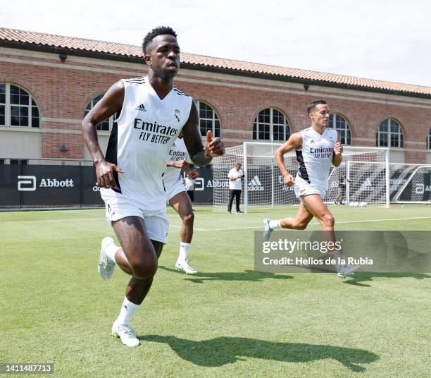 Vinicius Junior and Lucas Vázquez players of Real Madrid train at UCLA Campus on July 28, 2022 in Los Angeles, California.