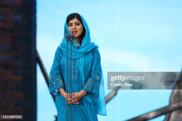 Malala Yousafzai makes a speech during the Opening Ceremony of the Birmingham 2022 Commonwealth Games at Alexander Stadium on July 28, 2022 on the...