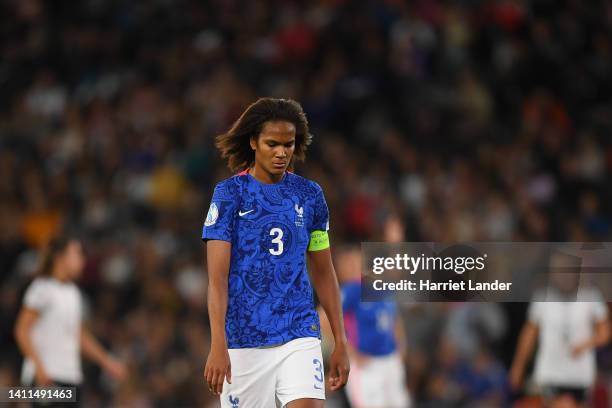 Wendie Renard of France looks dejected during the UEFA Women's Euro England 2022 Semi Final match between Germany and France at Stadium mk on July...