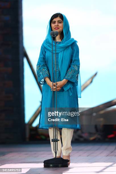 Malala Yousafzai makes a speech during the Opening Ceremony of the Birmingham 2022 Commonwealth Games at Alexander Stadium on July 28, 2022 on the...
