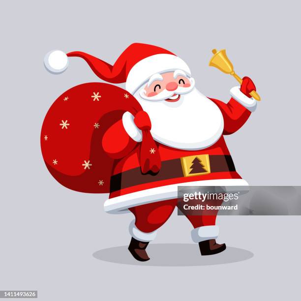 happy santa claus with red bag and bell in the hand - santa waving stock illustrations