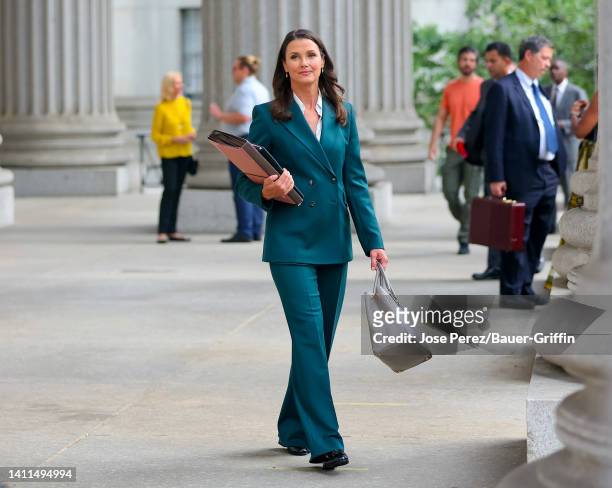 Bridget Moynahan is seen at film set of the 'Blue Bloods' TV Series outside the Supreme Court House on July 27, 2022 in New York City.