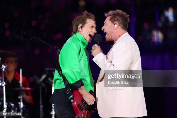 Simon Le Bon and John Taylor of Duran Duran perform during the Opening Ceremony of the Birmingham 2022 Commonwealth Games at Alexander Stadium on...