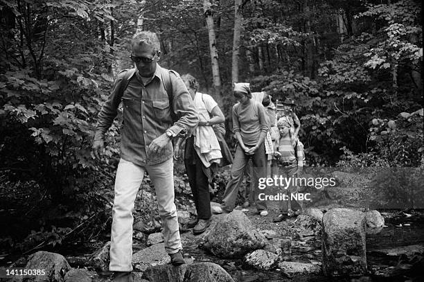 Air Date -- Pictured: Host/actor Paul Newman, producer Lee Mendelson, unknown, Clea Newman in the White Mountain National Forest near Pinkham Notch,...