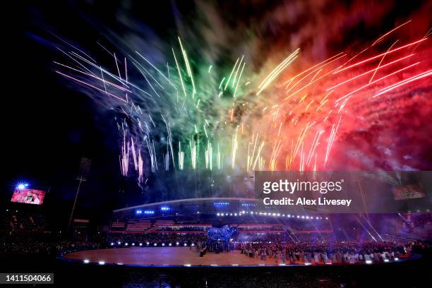 Fireworks are seen during the Opening Ceremony of the Birmingham 2022 Commonwealth Games at Alexander Stadium on July 28, 2022 on the Birmingham,...