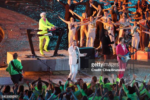 Simon Le Bon of Duran Duran performs during the Opening Ceremony of the Birmingham 2022 Commonwealth Games at Alexander Stadium on July 28, 2022 on...