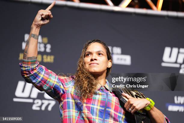 Amanda Nunes of Brazil poses for media and fans during the UFC 277 press conference at American Airlines Center on July 28, 2022 in Dallas, Texas.