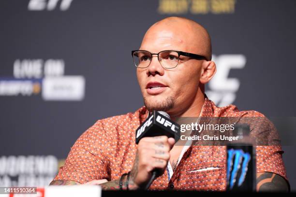 Anthony Smith interacts with media during the UFC 277 press conference at American Airlines Center on July 28, 2022 in Dallas, Texas.