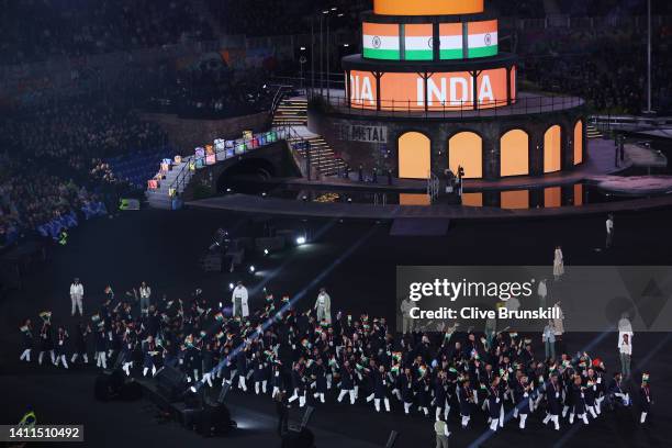Athletes of Team India take part in the Opening Ceremony of the Birmingham 2022 Commonwealth Games at Alexander Stadium on July 28, 2022 on the...