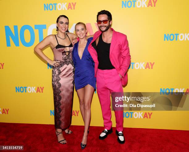 Quinn Shephard, Zoey Deutch and Dylan O'Brien attend the "Not Okay" New York Premiere at Angelika Film Center on July 28, 2022 in New York City.