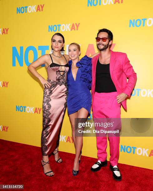 Quinn Shephard, Zoey Deutch and Dylan O'Brien attend the "Not Okay" New York Premiere at Angelika Film Center on July 28, 2022 in New York City.