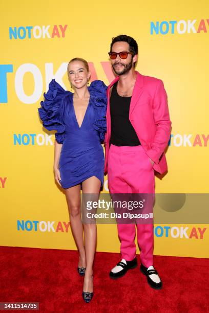 Zoey Deutch and Dylan O'Brien attend the "Not Okay" New York Premiere at Angelika Film Center on July 28, 2022 in New York City.