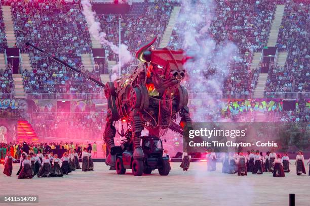 Scenes from the opening ceremony of the Birmingham 2022 Commonwealth Games featuring the mechanical bull at Alexander Stadium on July 28, 2022 in...