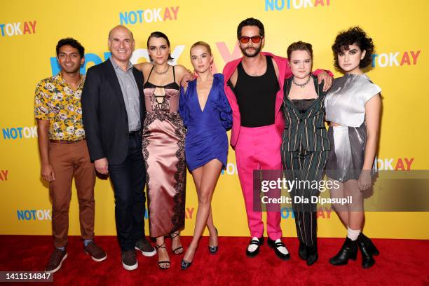 Karan Soni, Matthew Greenfield, Quinn Shephard, Zoey Deutch, Dylan O'Brien, Nadia Alexander and Sarah Yarkin attend the "Not Okay" New York Premiere...