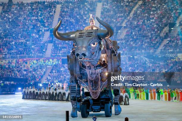 Scenes from the opening ceremony of the Birmingham 2022 Commonwealth Games featuring the mechanical bull at Alexander Stadium on July 28, 2022 in...